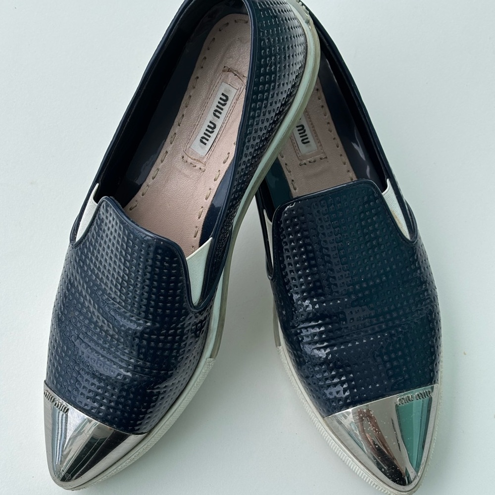 Miu Miu Dark Blue Slip-Ons with Metallic Toe